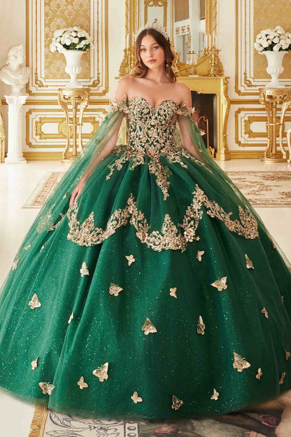 Vestido de gala largo sin tirantes de tul con capa en las mangas Ladivine 15721