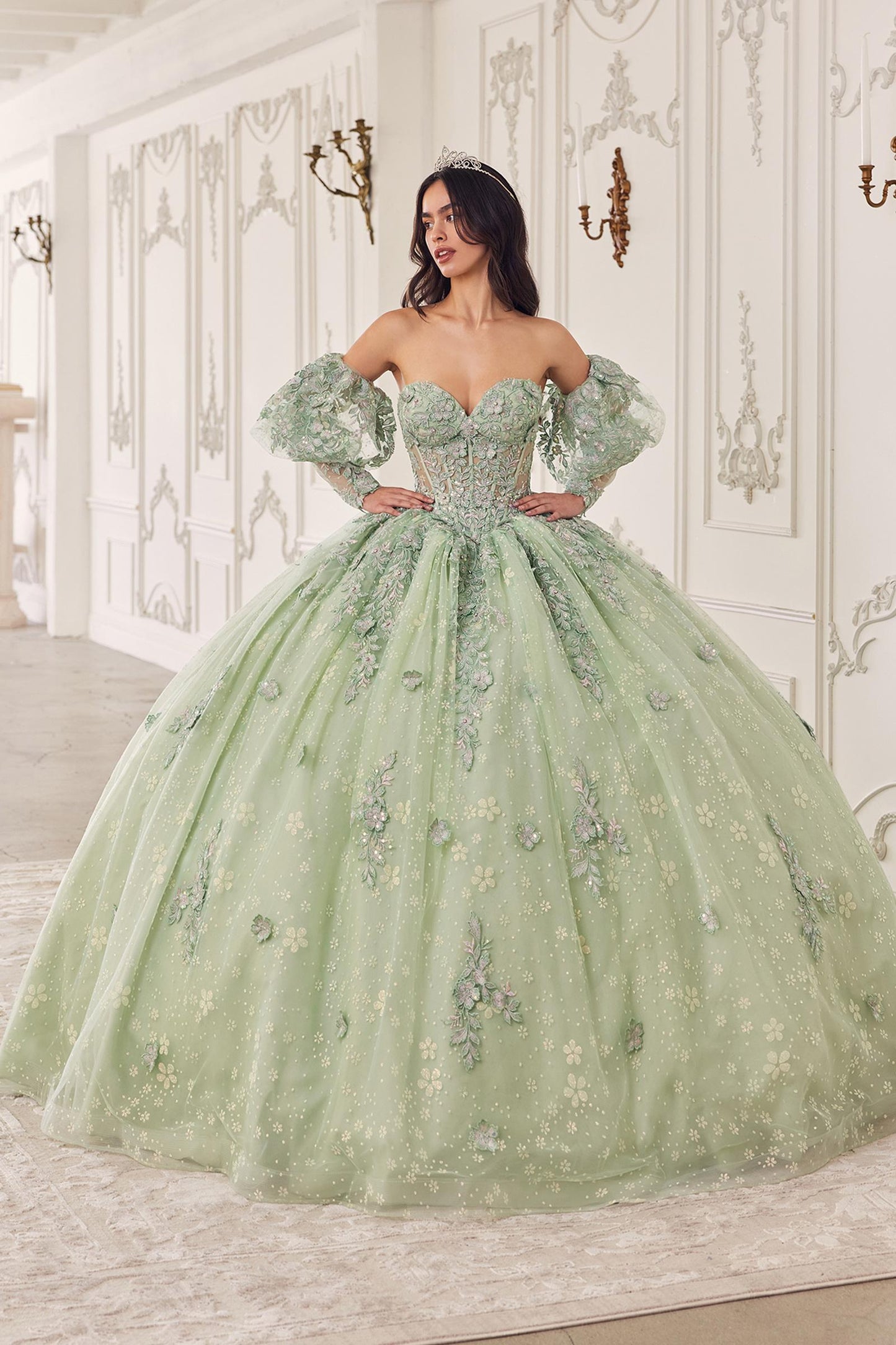 Vestido largo de quinceañera línea A con volantes y mangas abullonadas Ladivine 15722