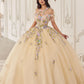 Vestido de quinceañera Ladivine 15724 con apliques florales de encaje y capelina removible
