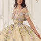 Vestido de quinceañera Ladivine 15724 con apliques florales de encaje y capelina removible