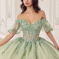 Vestido de quinceañera Ladivine 15725 con hombros descubiertos, manga a la altura del codo y falda abullonada