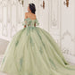 Vestido de quinceañera Ladivine 15725 con hombros descubiertos, manga a la altura del codo y falda abullonada
