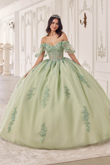 Vestido de quinceañera Ladivine 15725 con hombros descubiertos, manga a la altura del codo y falda abullonada