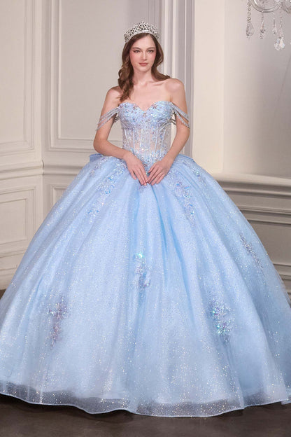 Vestido de Gala de Quinceañera con Hombros Caídos, Corsé con Cuentas y Escote Corazón Ladivine 15735