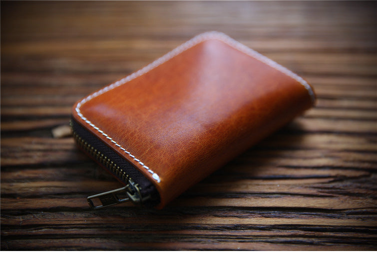Men's Handmade Retro First Layer Cowhide Zipper Short Coin Purses