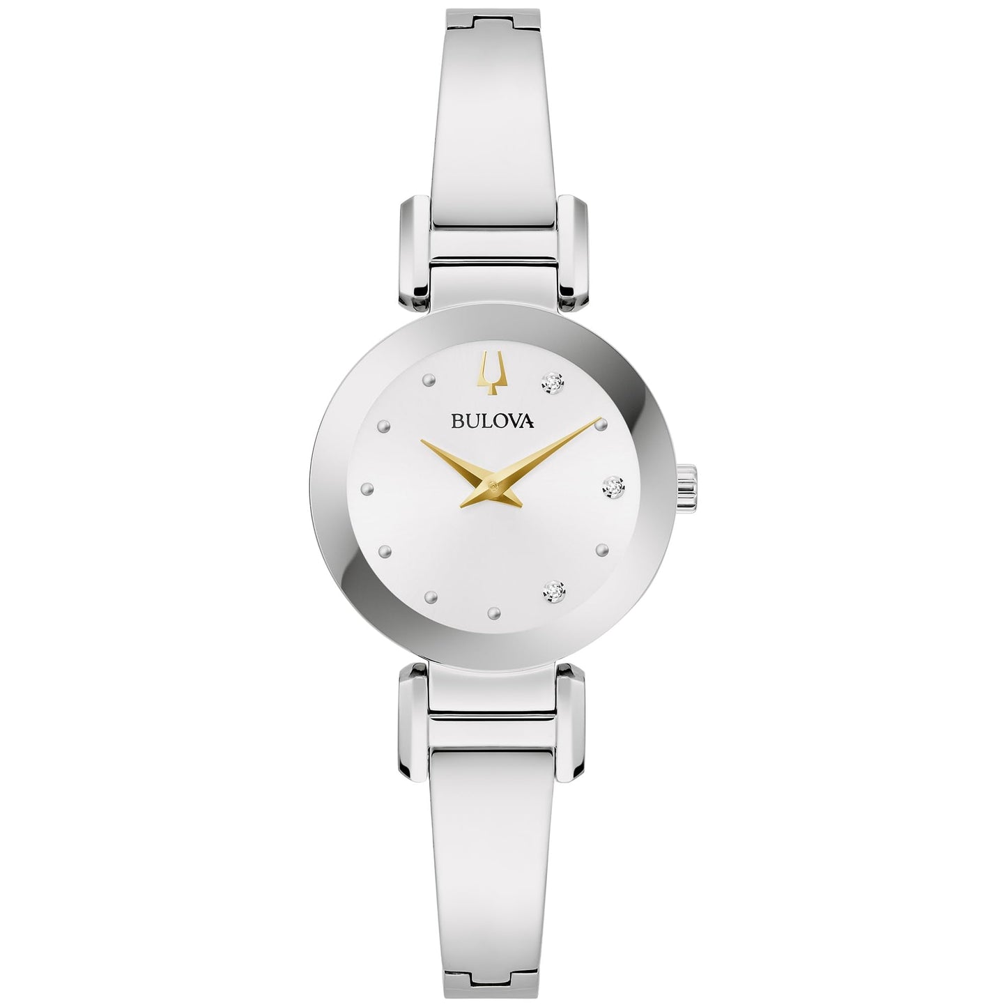 Reloj pulsera de mujer moderno Bulova Marc Anthony de acero inoxidable plateado con diamantes, brazalete y esfera blanca plateada Estilo: 96P241