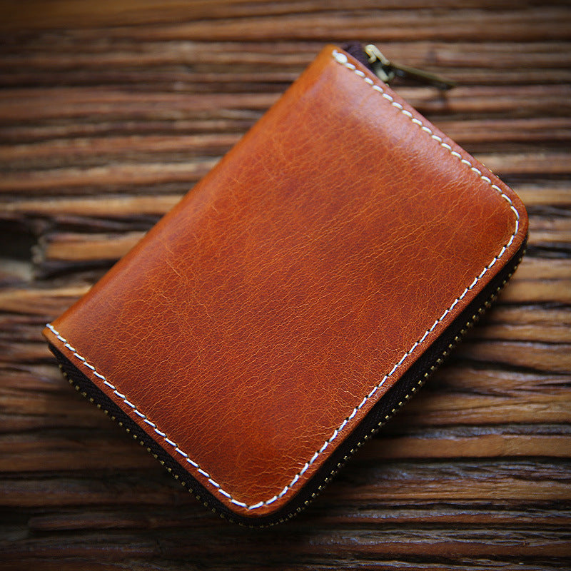 Men's Handmade Retro First Layer Cowhide Zipper Short Coin Purses