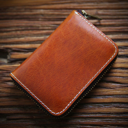 Men's Handmade Retro First Layer Cowhide Zipper Short Coin Purses
