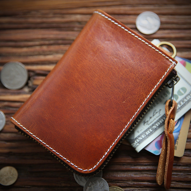 Men's First Layer Cowhide Leather Short Zipper Vertical Driving Card Holder