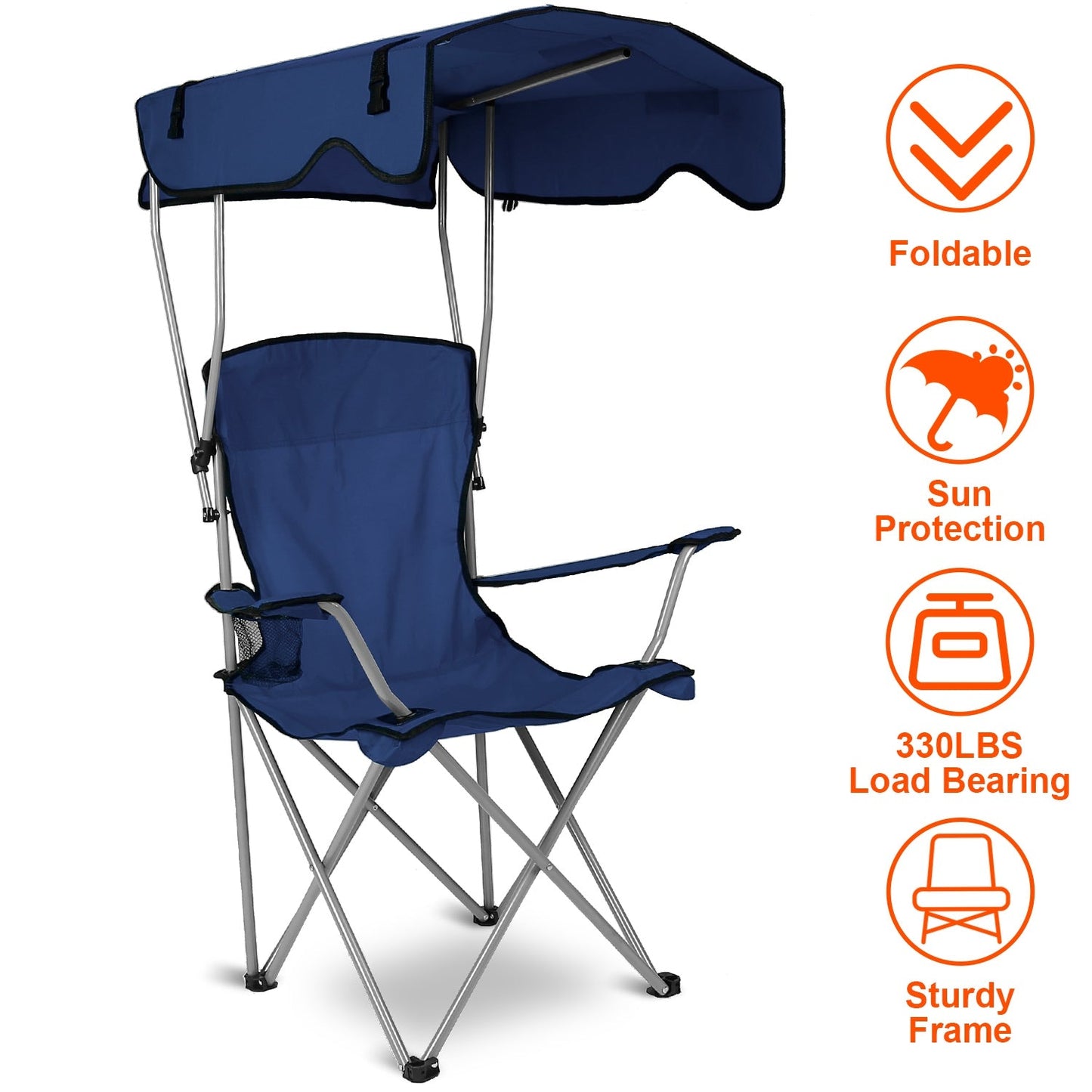 Foldable Beach Canopy Chair Sun Protection Camping Lawn Canopy Chair 330LBS Load Folding Seat w/ Cup Holder For Beach Poolside Travel Picnic