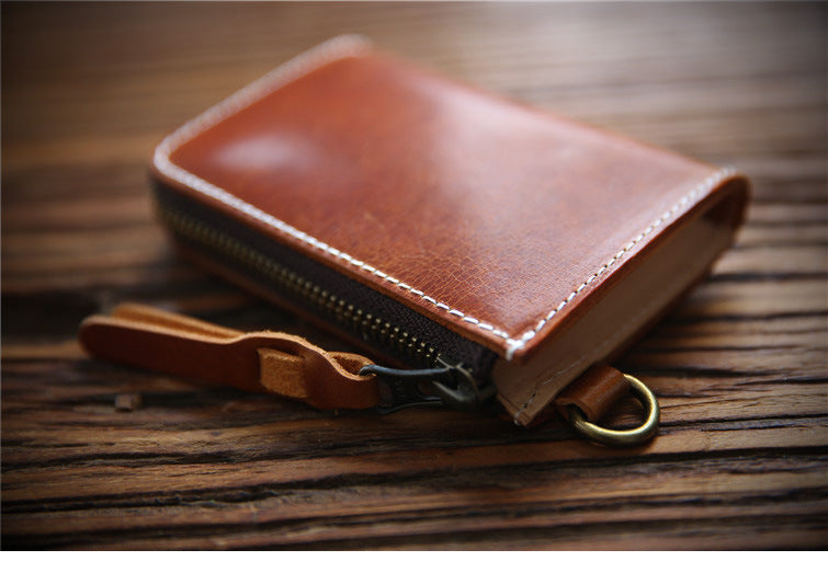Men's First Layer Cowhide Leather Short Zipper Vertical Driving Card Holder