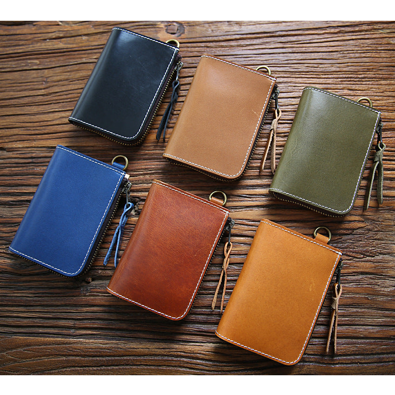 Men's First Layer Cowhide Leather Short Zipper Vertical Driving Card Holder