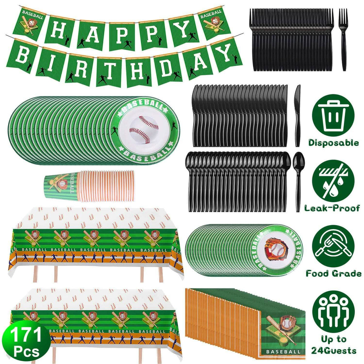 Juego de vajilla desechable para fiesta de cumpleaños de béisbol de 171 piezas