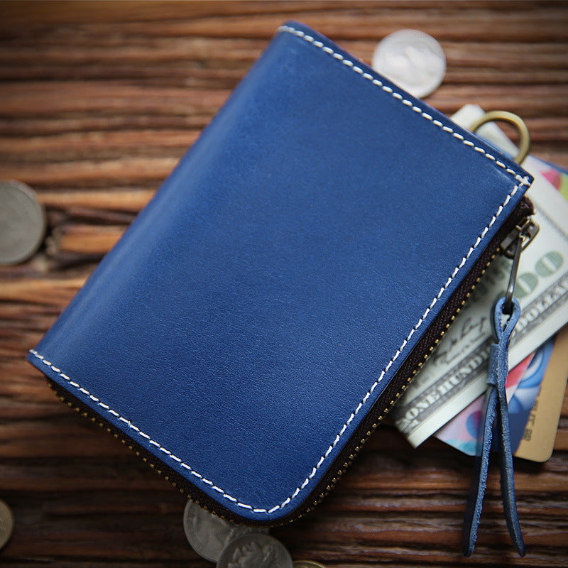 Men's First Layer Cowhide Leather Short Zipper Vertical Driving Card Holder