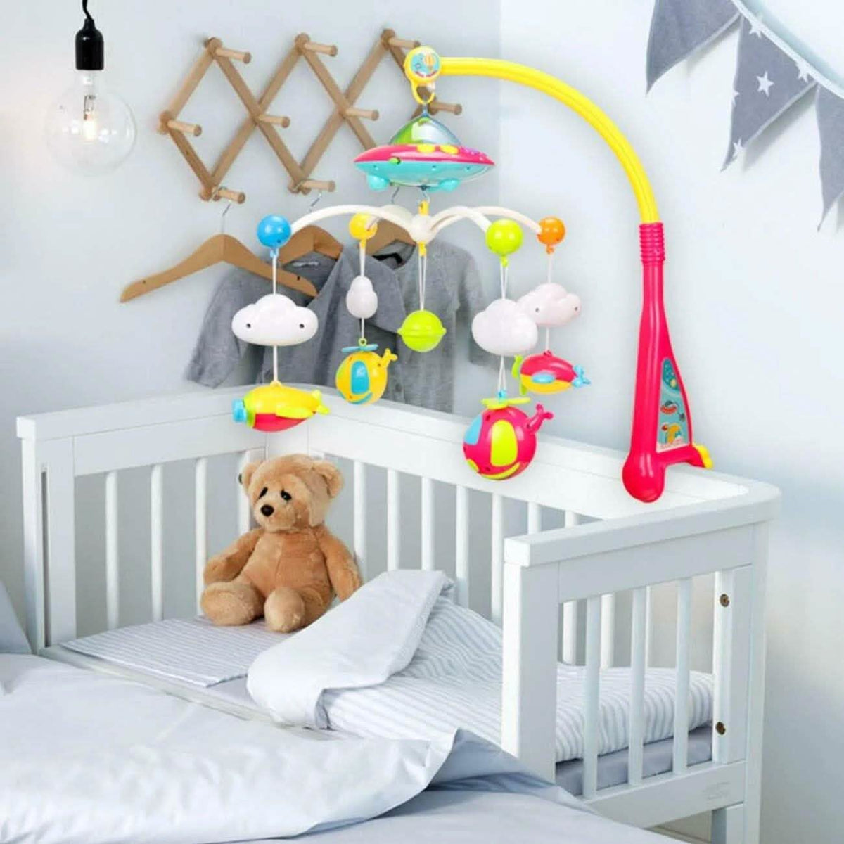Móvil musical de cuna con 180 melodías, luces de estrellas, caja de música para cuna y sonajeros de bebé