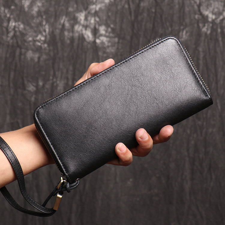 Women's & Men's Genuine Leather Clutch Long Zipper Oil Men's Wallets