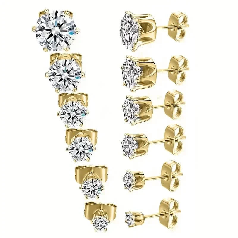 Pendientes de Circonita de Acero Inoxidable con Hebilla en Hueso de Oreja de Oro de 18K y Engaste de 6 Puntas