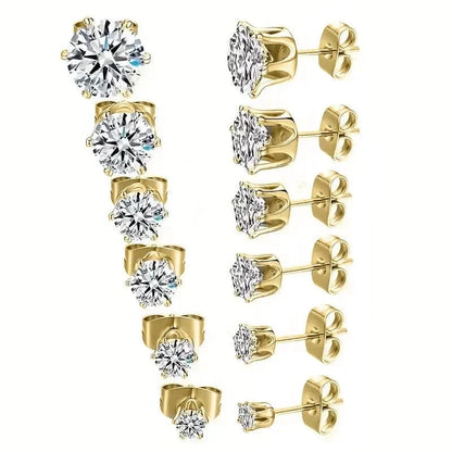 Pendientes de Circonita de Acero Inoxidable con Hebilla en Hueso de Oreja de Oro de 18K y Engaste de 6 Puntas