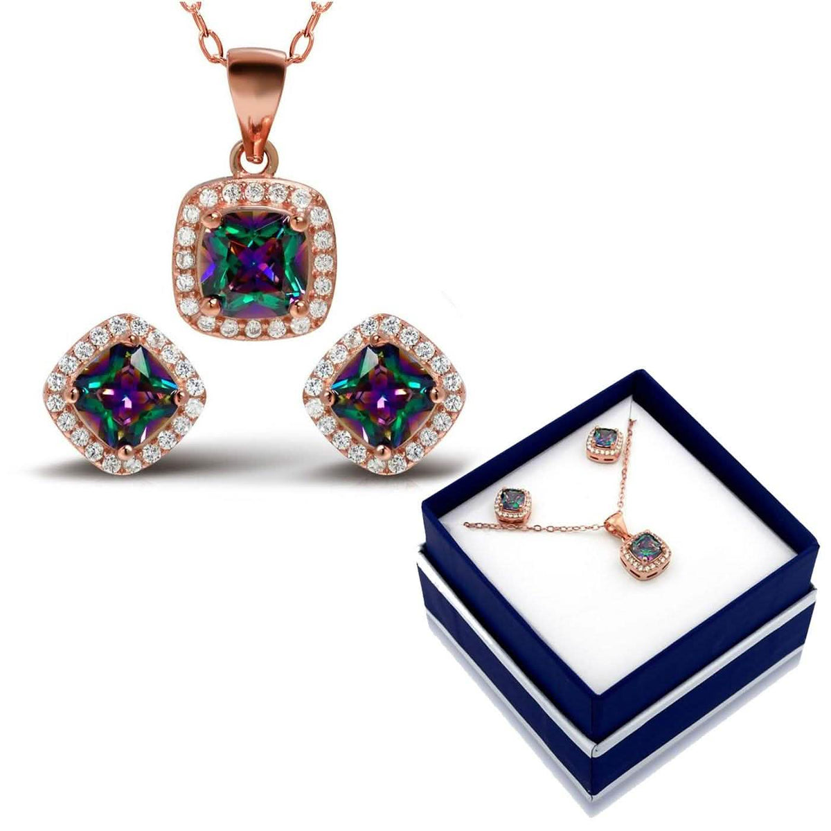 Collar y pendientes halo de topacio arcoíris de plata de ley chapada en oro rosa de 18 quilates
