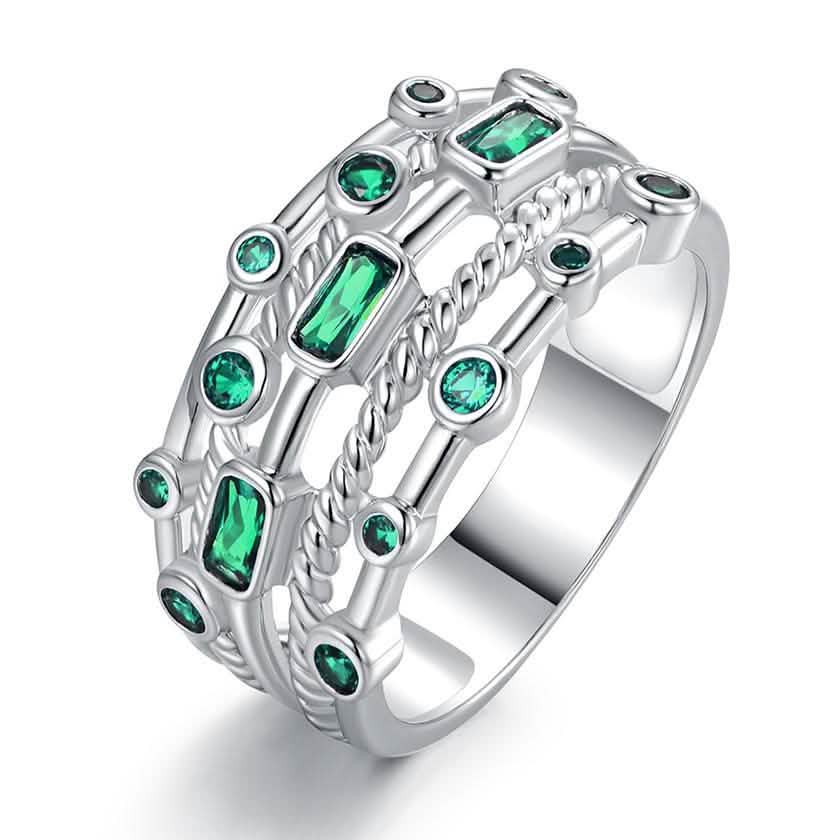 Anillo de Esmeralda Verde de 5 Capas Chapado en Oro Blanco de 18K