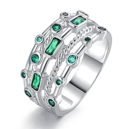 Anillo de Esmeralda Verde de 5 Capas Chapado en Oro Blanco de 18K
