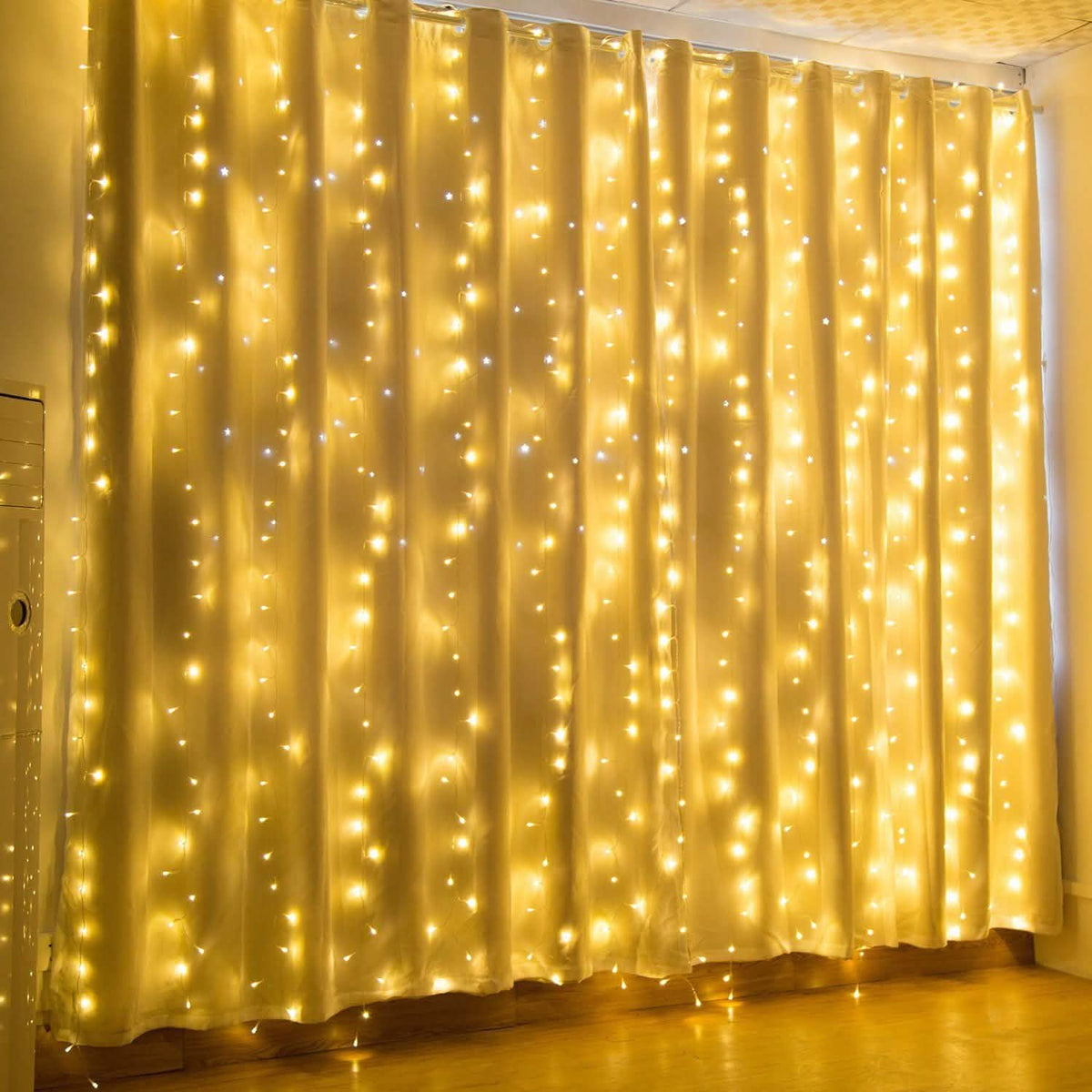 Luces de cortina con cadena de hadas, impermeables, blancas cálidas, 448 LED, 5,97 x 2,01 m.