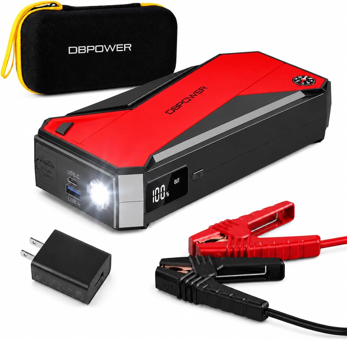 Arrancador de coche portátil DBPOWER Peak 3000A 18000mAh (hasta 8.0L de gasolina, motor diésel de 6.0L) con puerto de carga inteligente, brújula, pantalla LCD y luz LED (negro/rojo)