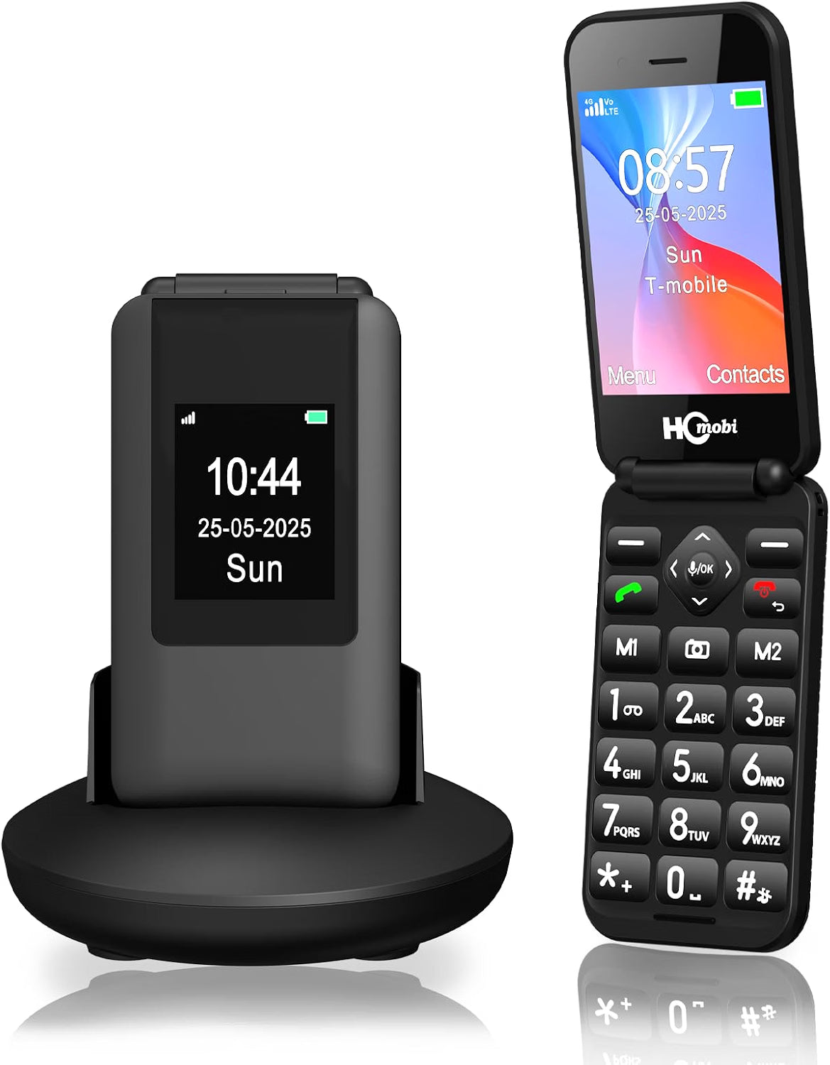 Teléfono plegable 4G desbloqueado para personas mayores, teléfono plegable básico, teléfono móvil para personas mayores, pantalla de 2.8" +1.5", botón SOS, marcación rápida, botones grandes, Bluetooth, cámara, radio FM, batería de 1400 mAh (negro mate).