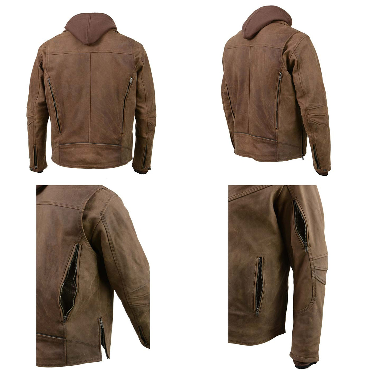 Men's Vintage Crazy Horse Brown Leather Jacket w/ Removable Hoodie
