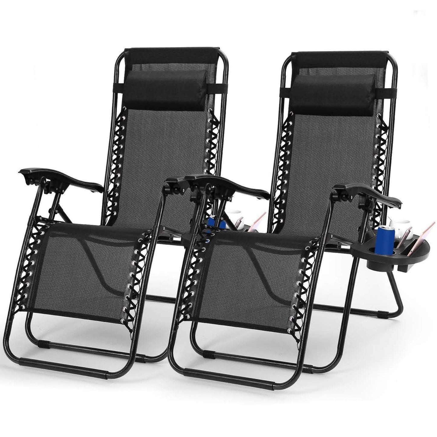 Paquete de 2: Silla reclinable plegable de gravedad cero con bandeja lateral doble