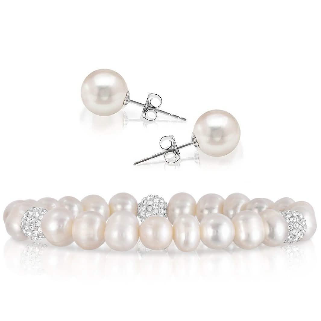 Paquete de 2: Pulsera elástica de perlas y cristales y conjunto de pendientes