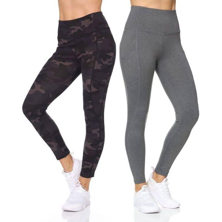 Paquete de 2: Leggings largos de mujer de tiro alto activos con estampado liso y camuflaje