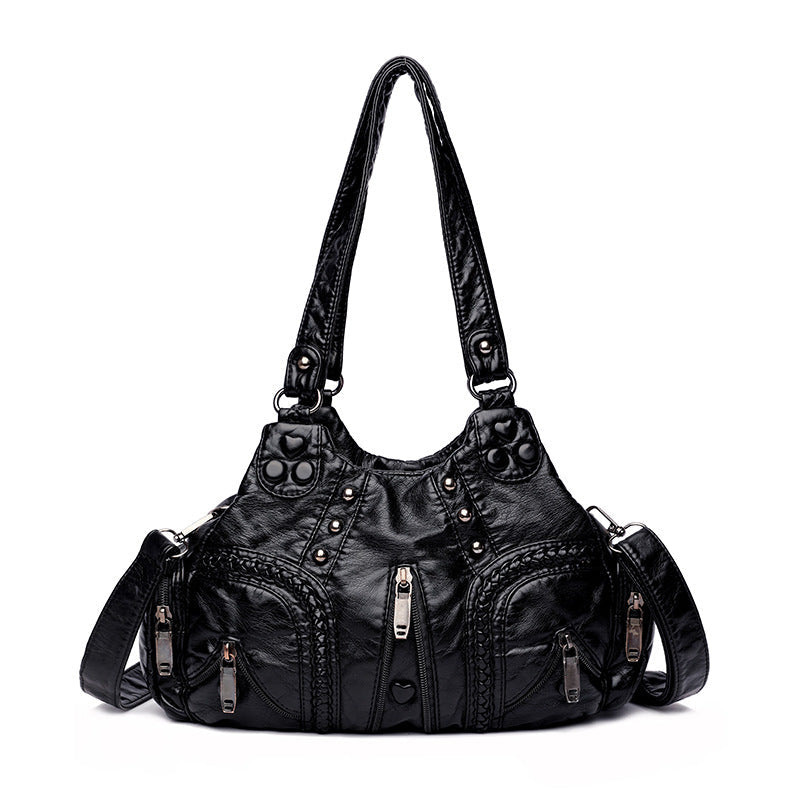 Women's Real Washed Leather Motorcycle Fashion Solid Shoulder Bags