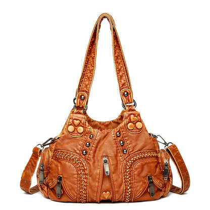 Women's Real Washed Leather Motorcycle Fashion Solid Shoulder Bags