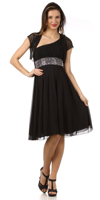 LIQUIDACIÓN - CELAVIE 2095S Vestido Negro hasta la Rodilla de un Solo Hombro Incluye Chaqueta Bolero (Talla M)
