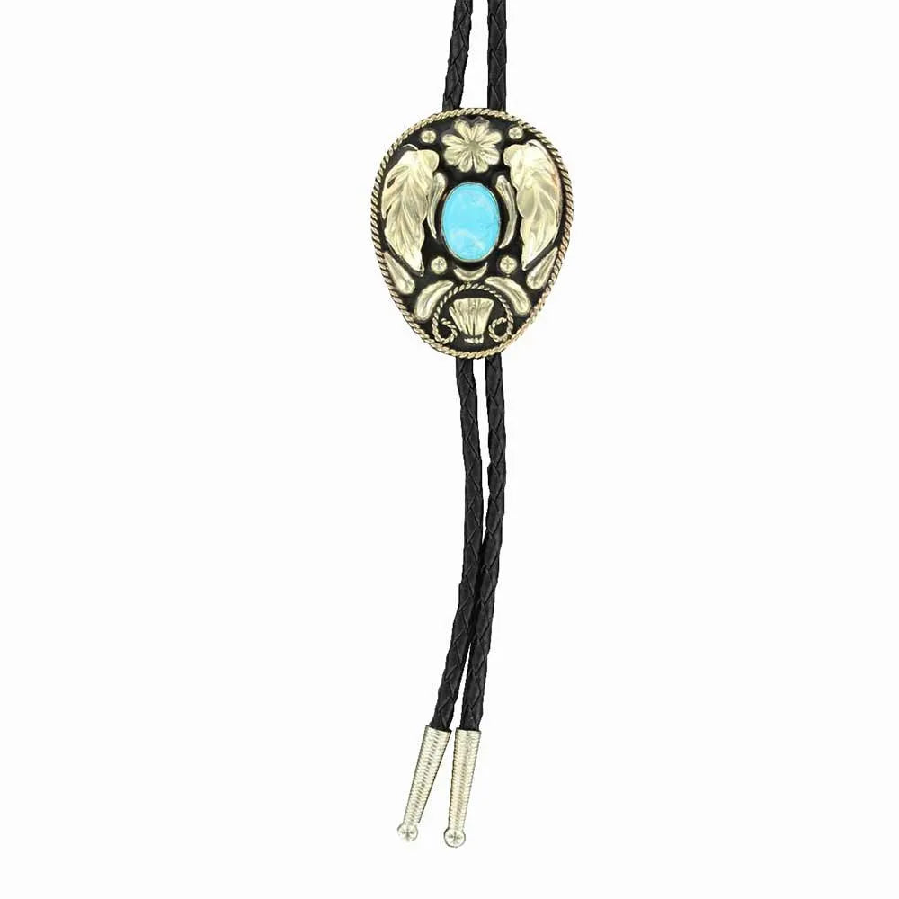 Doble S Hoja de Plata con Piedra Turquesa (Negro) - Corbata Bolo