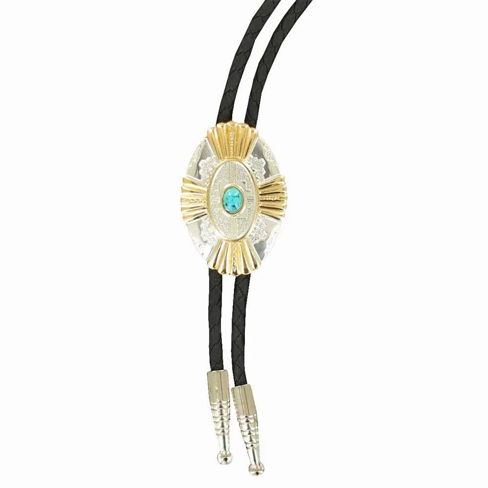 Bolo Tie de Plata Doble S con Rayos Dorados y Piedra Turquesa