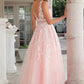 Juliet 224 V-Neck and Back Embroidered Tulle A-Line Ball Gown