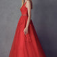Juliet 224 V-Neck and Back Embroidered Tulle A-Line Ball Gown