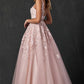 Juliet 224 V-Neck and Back Embroidered Tulle A-Line Ball Gown