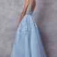 Juliet 224 V-Neck and Back Embroidered Tulle A-Line Ball Gown