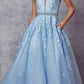 Juliet 224 V-Neck and Back Embroidered Tulle A-Line Ball Gown
