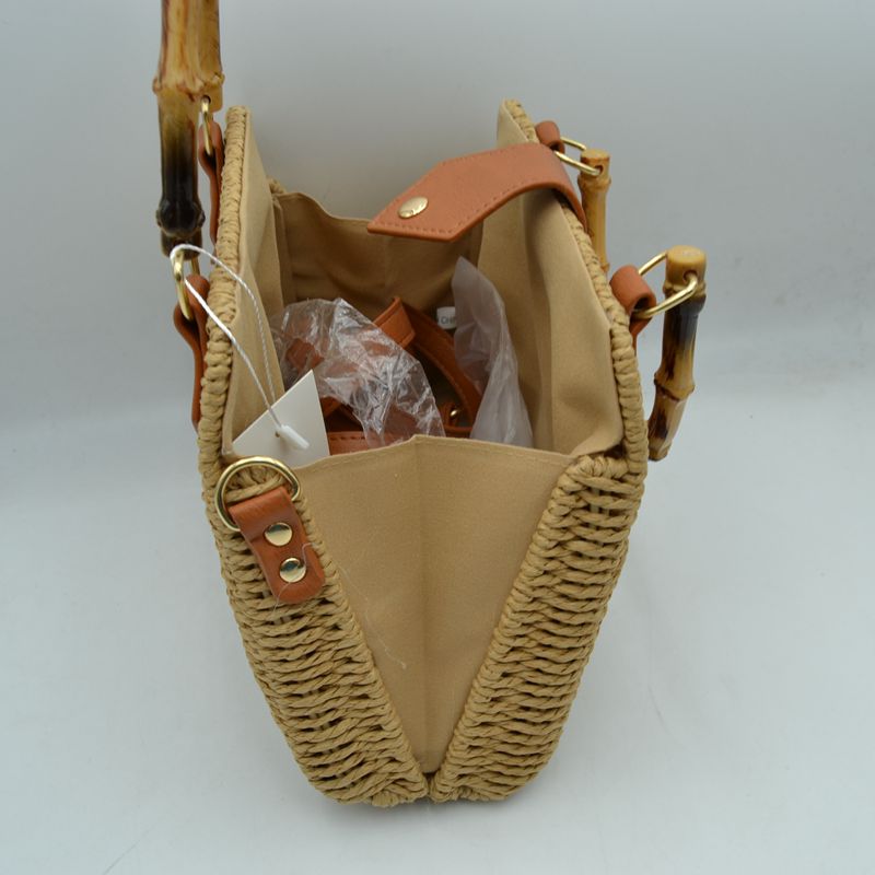 Woven Straw Satchel Bag with Bamboo Top Handle and Crossbody Strap