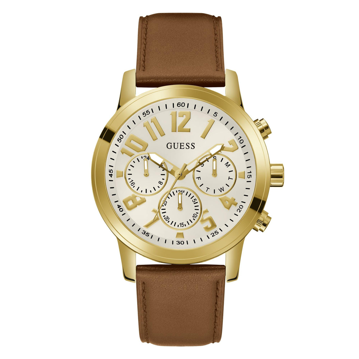 Reloj GUESS para hombre de 44 mm - Correa marrón, esfera blanca, caja tono dorado