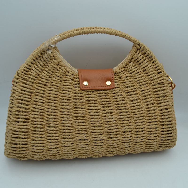 Straw Woven Handbag with Leather Accent & Adjustable Strap