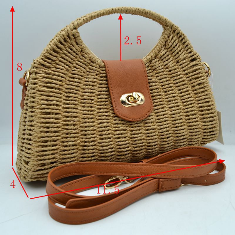 Straw Woven Handbag with Leather Accent & Adjustable Strap