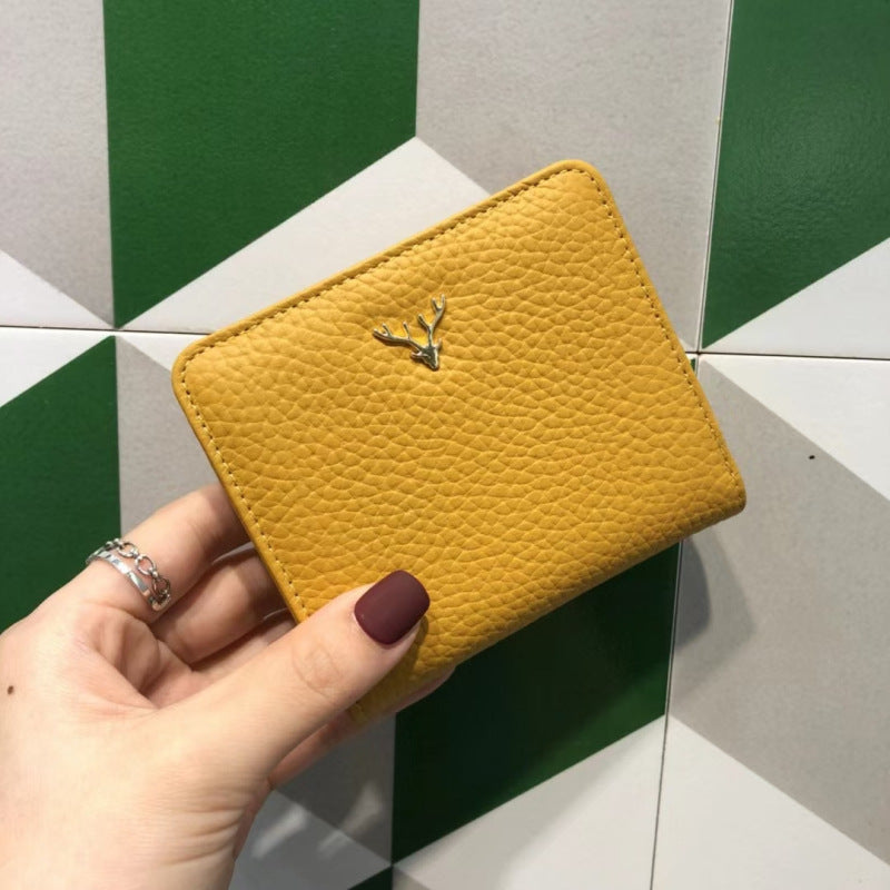 Korean Style Top Layer Cowhide Short Yellow Two Fold Ladies Wallets