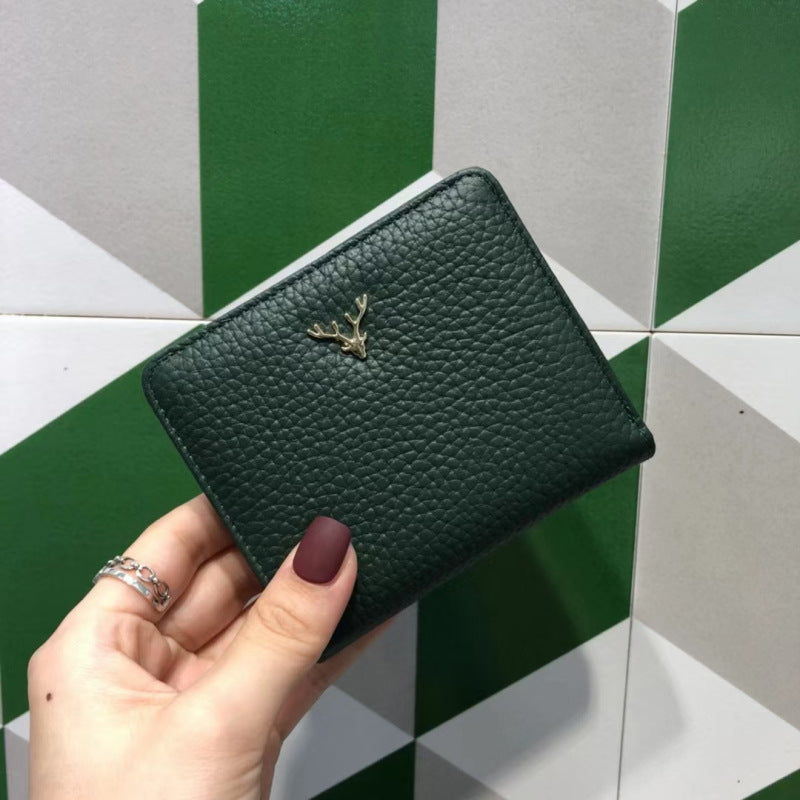 Korean Style Top Layer Cowhide Short Yellow Two Fold Ladies Wallets