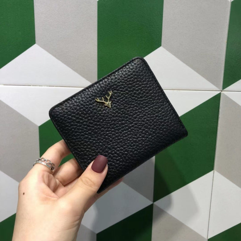 Korean Style Top Layer Cowhide Short Yellow Two Fold Ladies Wallets