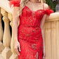 Vestido largo de lentejuelas Juliet 2402 Glitter Leaf con mangas de plumas y abertura